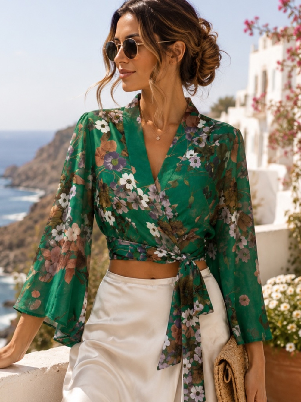 Bonprix Floral Wrap Crop Kimono Top Green Size S